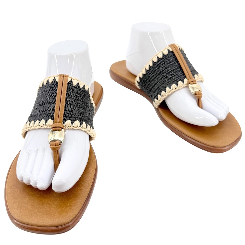 Italian Shoemakers Thong Sandals Womens 10 Black Tan Woven Straw Flat Slide